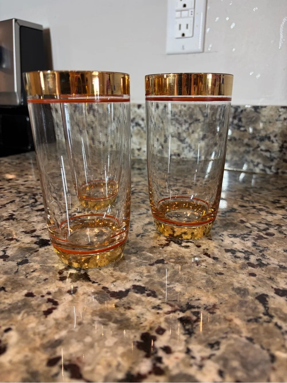 Vintage Mid-Century Modern clear glass highball tumblers gold accents